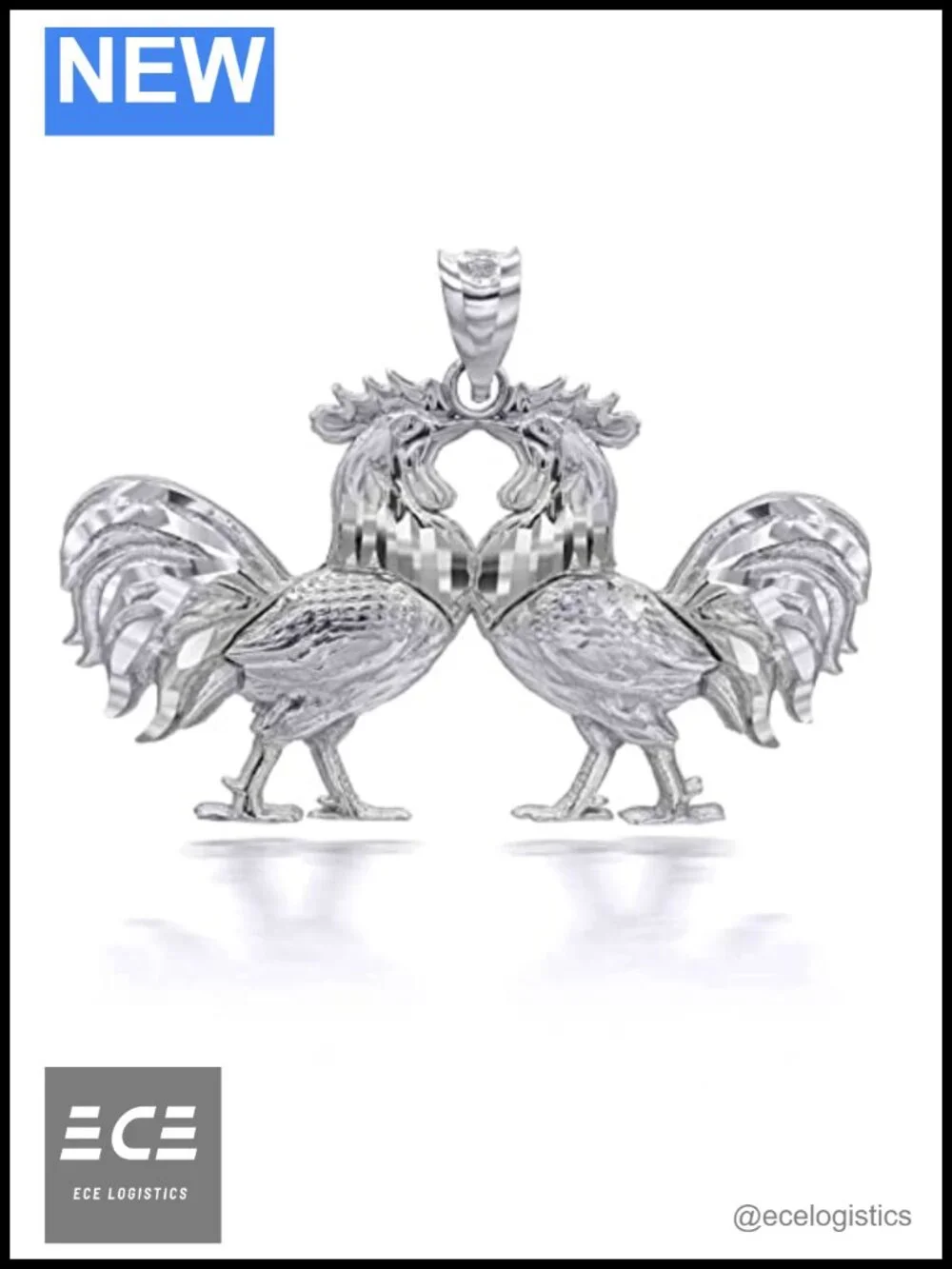 925 Sterling Silver Two Rooster Pendant Necklace Rolo Chain USA Made